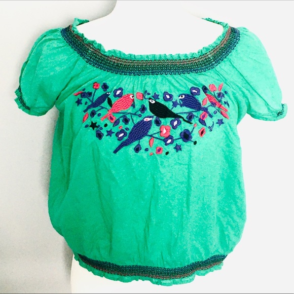 Divided Tops - H&M Divided green embroidered peasant blouse